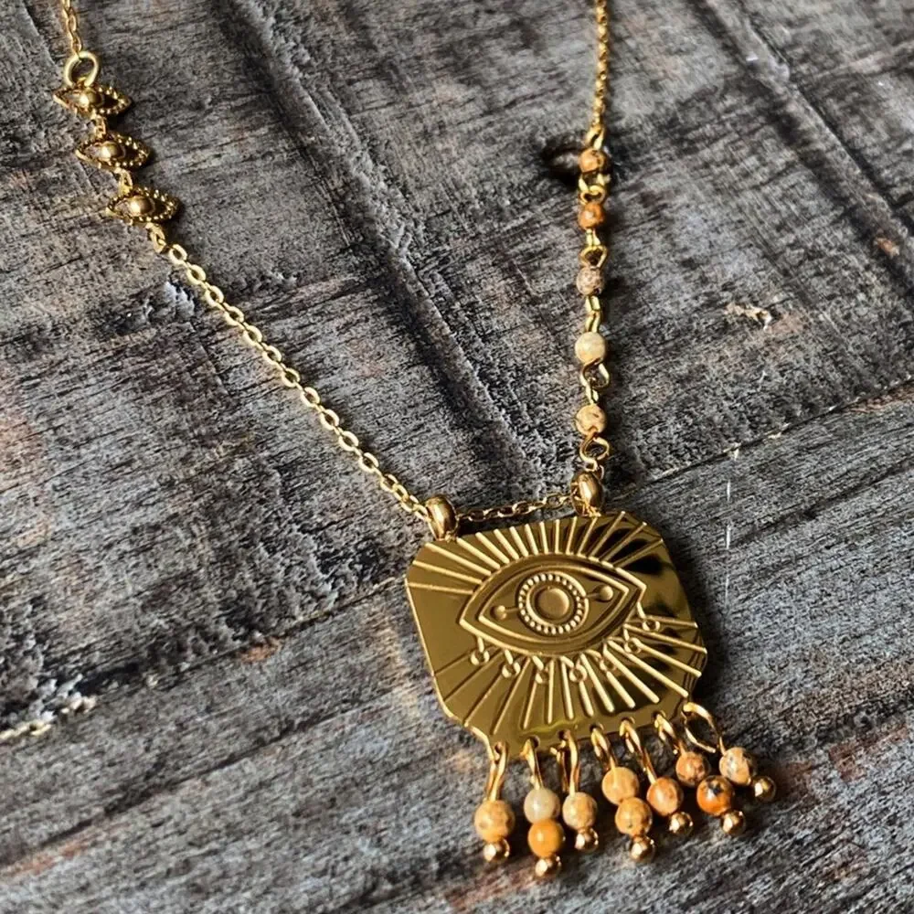 NEW Gold Evil Eye & Stone Pendant Necklace